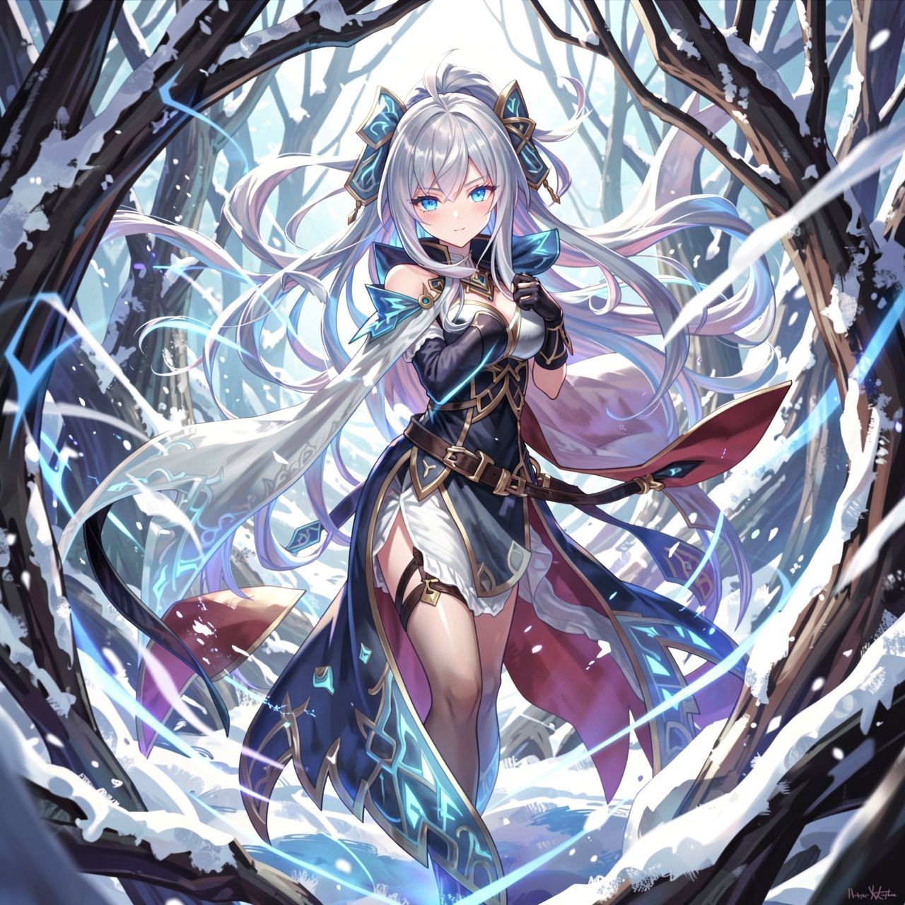 mystical young woman with silver hair and glowing blue eyes stands amidst an ancient, snow-laden forest