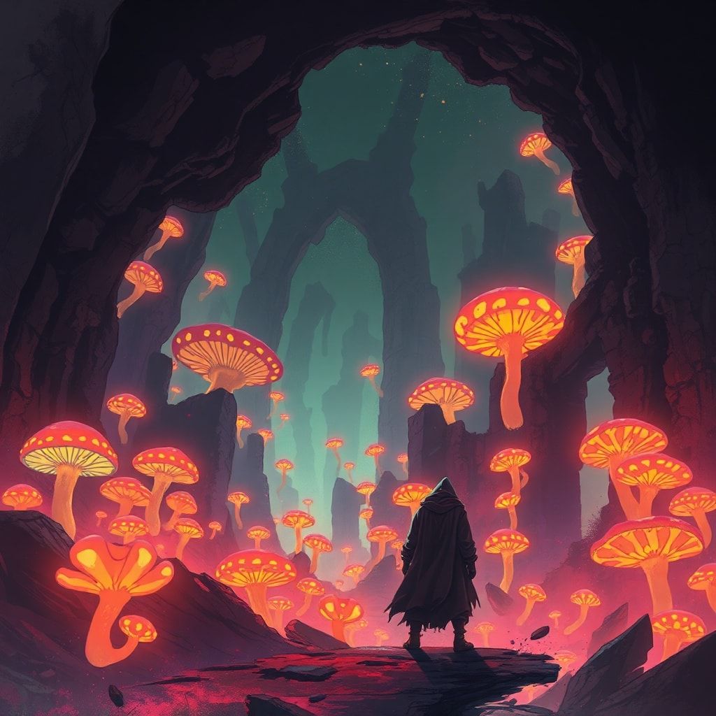 bioluminescent fungi pulse in the ruins below. A lone, hooded figure stands...
