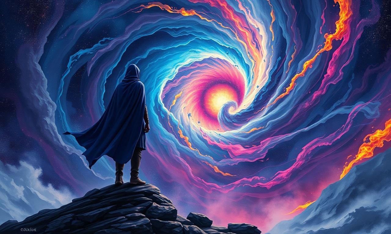 A lone wanderer, draped in a flowing indigo cloak, stands at the precipice of a swirling cosmic vortex, their silhouette sharply defined against the vibrant, fractal storm of energy. The maelstrom ...