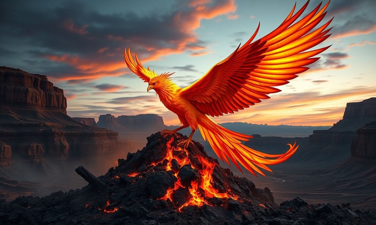 A majestic phoenix, its iridescent plumage shimmering in golden and crimson flames, ascends gracefully from a smoldering ash mound in a vast, windswept canyon at dusk, its wings casting dramatic si...