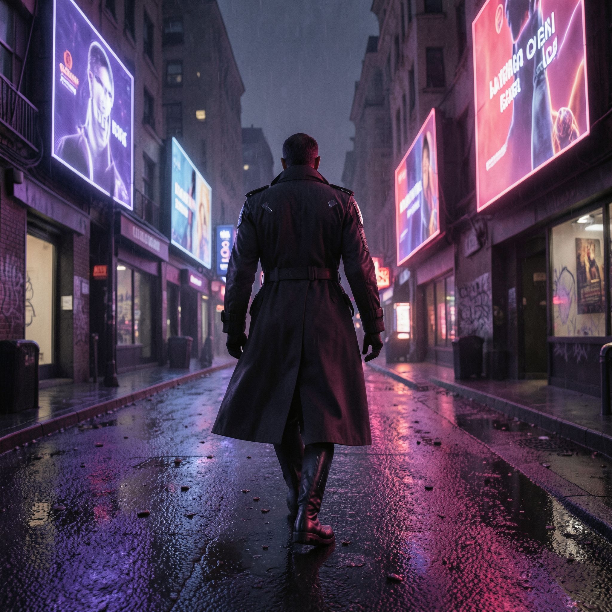 A lone figure in a sleek, high-tech trench coat strides down a desolate neon-lit boulevard, their silhouette flickering under the glow of holographic billboards casting eerie purple and crimson hue...