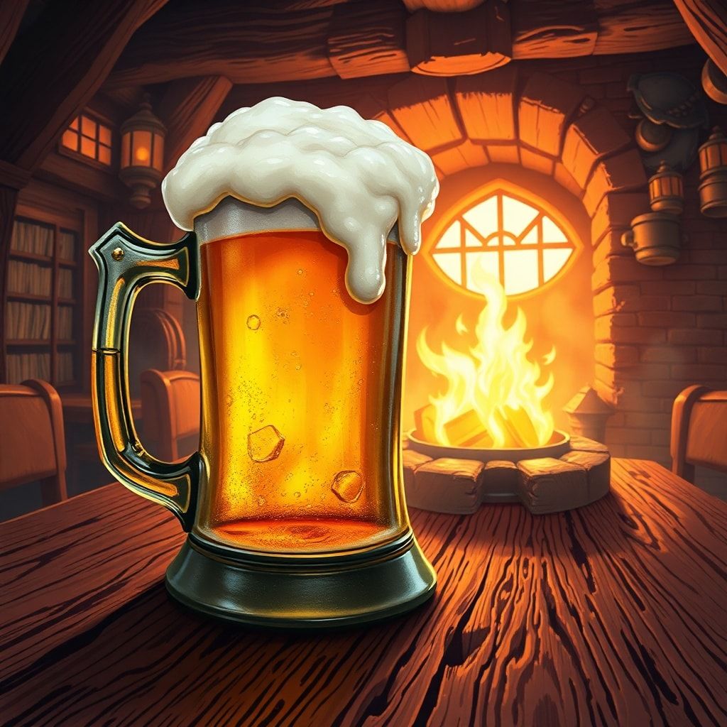 A frothy, overflowing tankard of golden ale rests on a weathered oak table, glowing under the warm amber light of a crackling hearth. The bustling tavern DND, dungeons of dragons