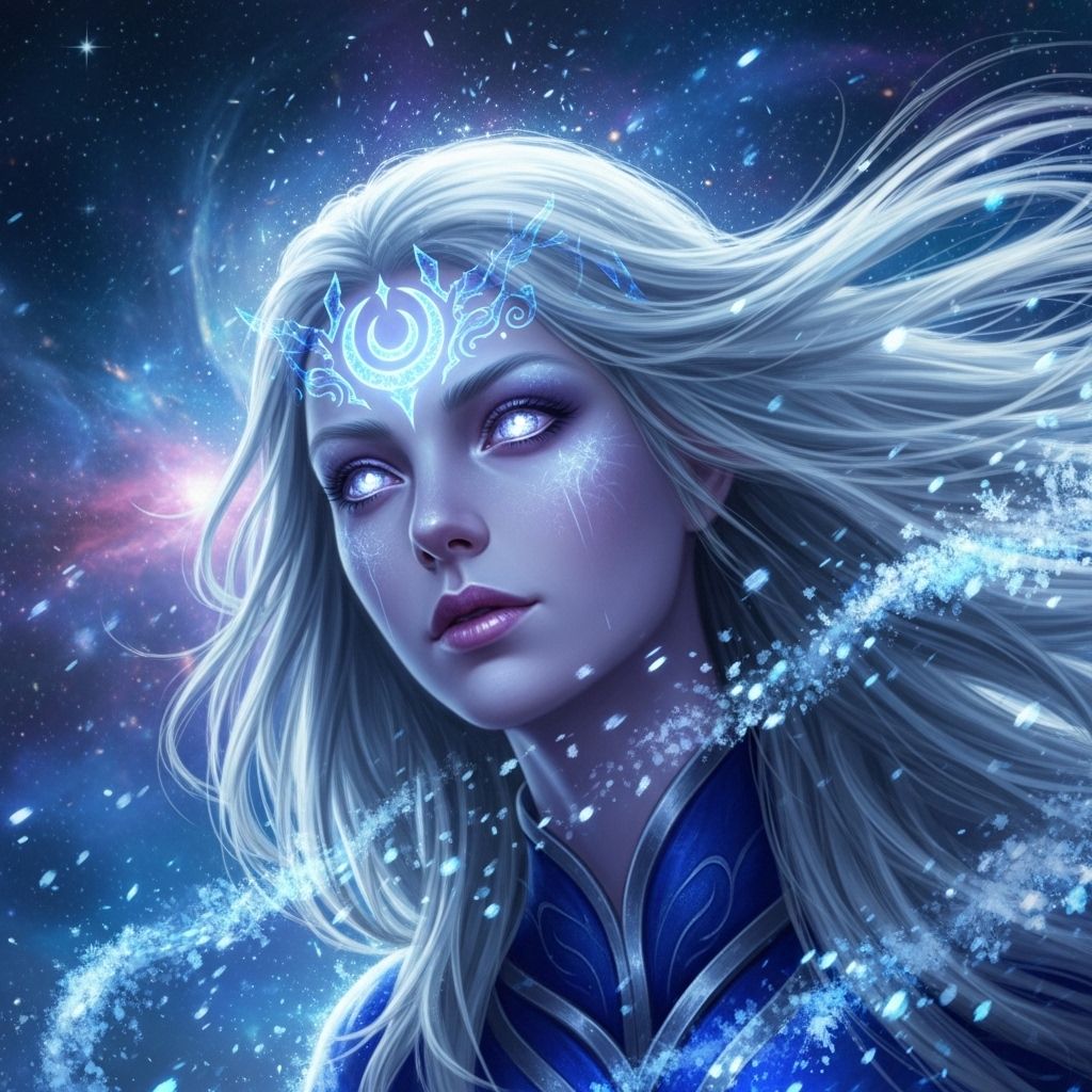 ethereal frozen oracle girl, pale icy skin, white-silver hair, luminous moon sigil, frost particles, cosmic silence, cinematic ultra-detailed