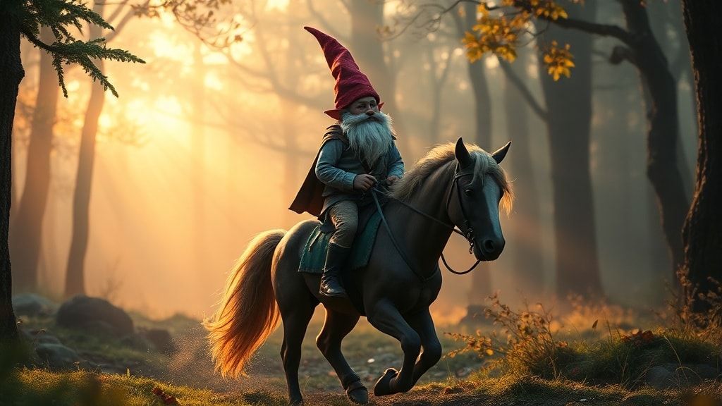 A fantasy scene featuring a gnome rider on a small, magical horse. The gnome wears a colorful pointed hat and a tunic, riding through a misty, enchanted forest bathed in soft, golden-hour light. Detailed, photorealistic style, high quality, 1920x1080 resolution.