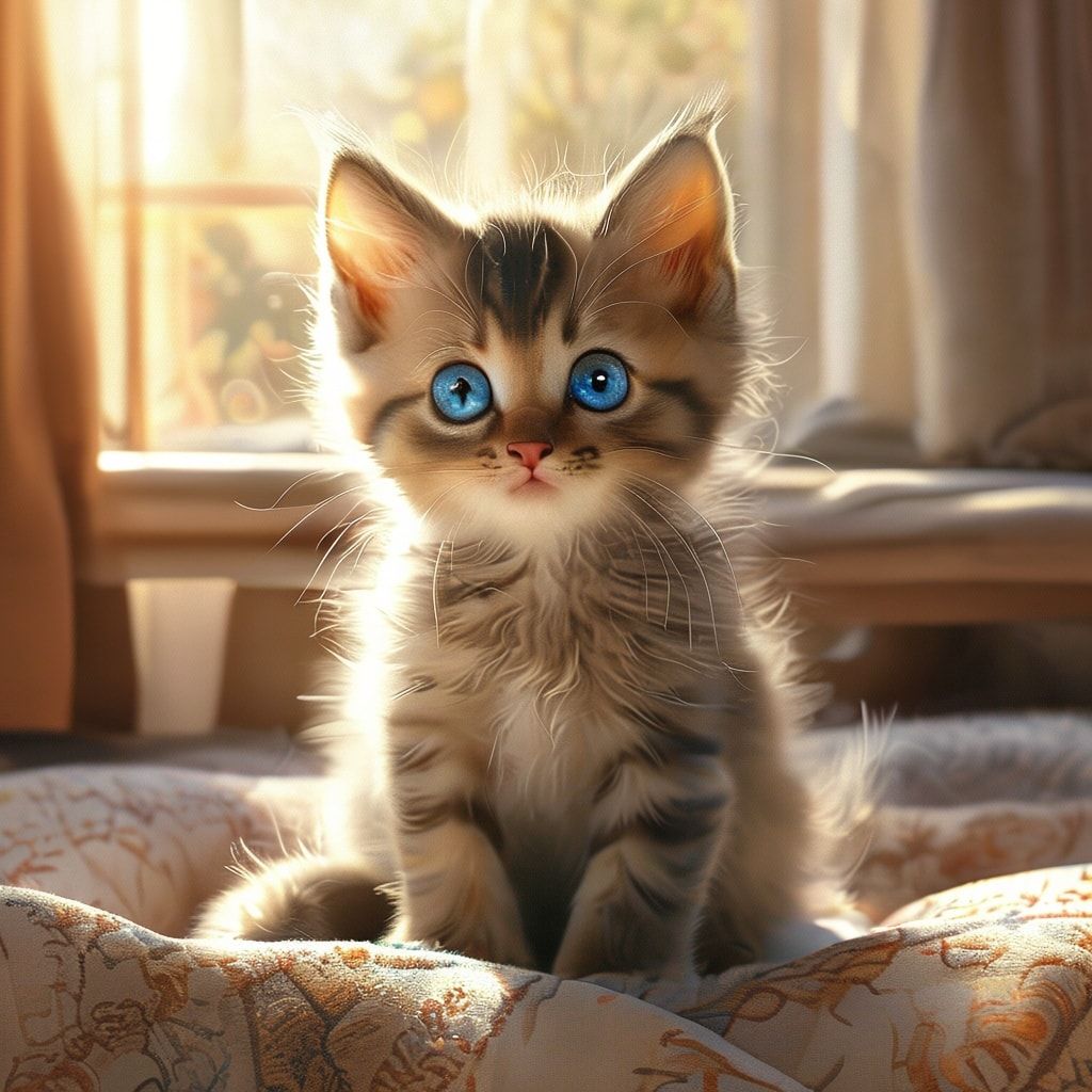 A cute, fluffy kitten with bright blue eyes, sitting on a soft, patterned blanket in a cozy living room with warm, natural sunlight streaming through a window. The kitten is looking directly at the viewer with a curious and playful expression. Photorealistic style, high detail, vibrant colors, 4K resolution, 1024x1024 pixels.