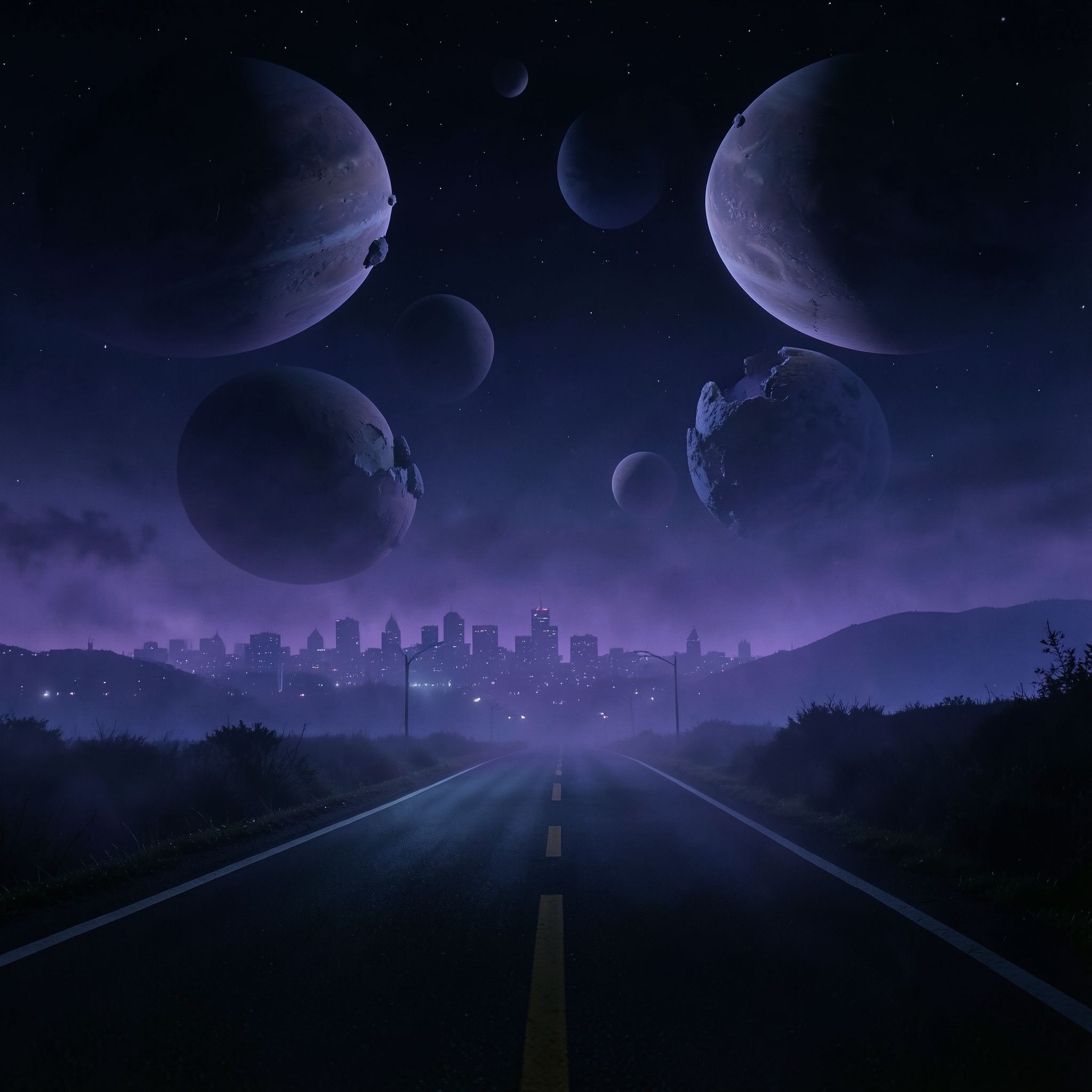 A dark, cinematic synthwave scene where a lonely night road fades into an otherworldly cosmic landscape. The city feels distant and abstract, barely visible through deep violet and blue mist. Above the horizon, massive planets and fractured moons glow softly, suspended in the dark sky like ancient celestial beings.