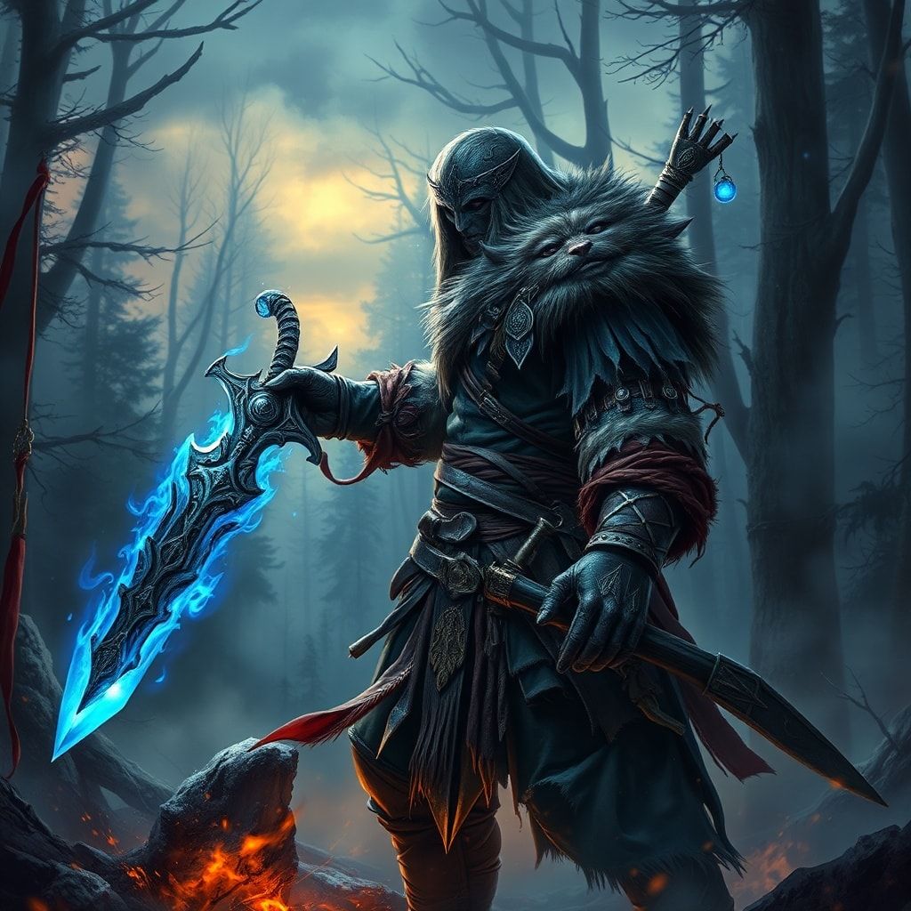 A battle-worn fantasy warrior, clad in tattered fur and enchanted steel, stands amidst a mist-shrouded forest at dusk, his sword glowing with ethereal blue flames as he faces an unseen foe, surroun...