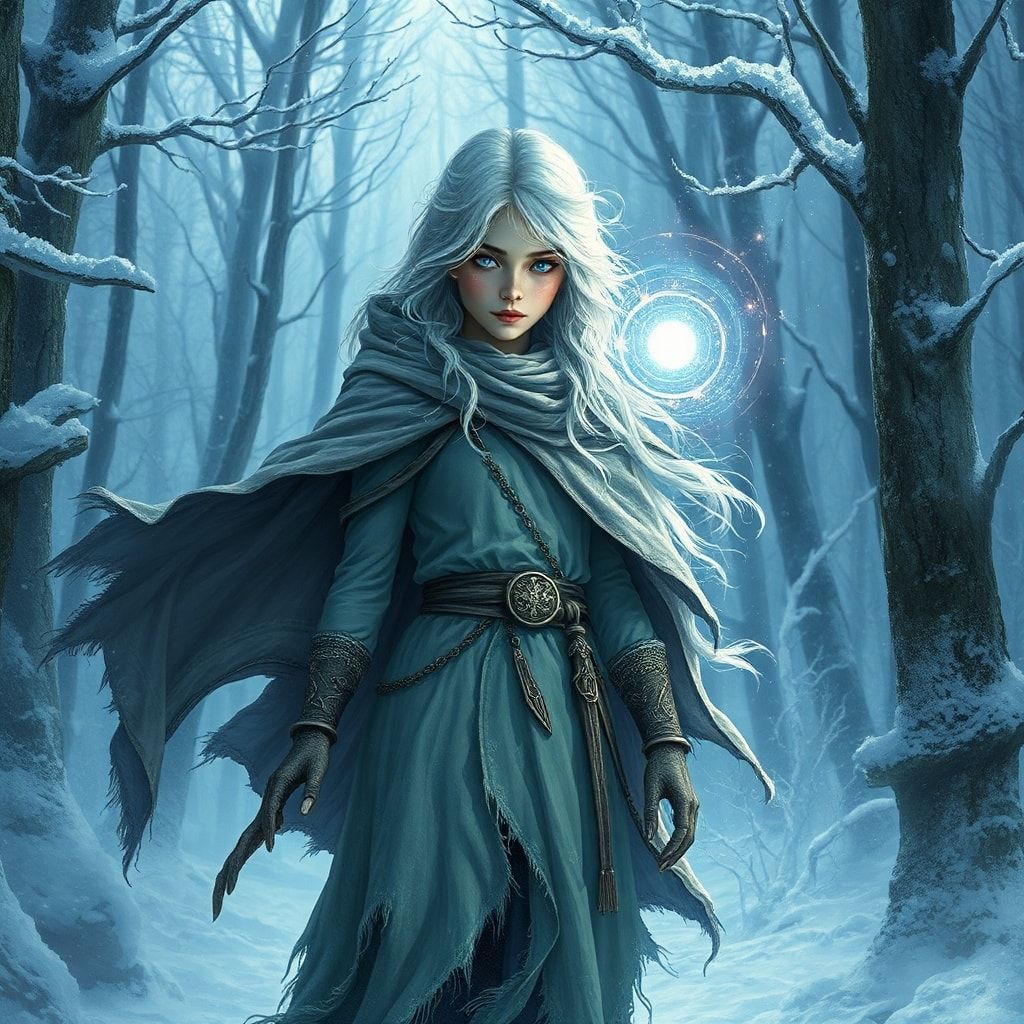 A mystical young woman with silver hair and glowing blue eyes stands amidst an ancient, snow-laden forest, her tattered cloak billowing in the icy wind as she gazes at a floating orb of ethereal li...