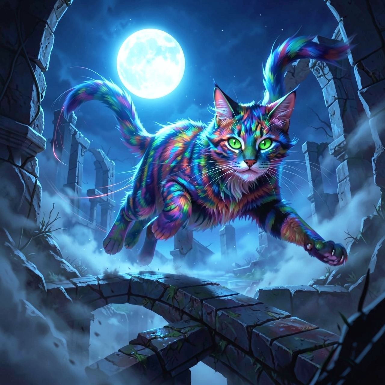 A majestic feline with iridescent fur and glowing emerald eyes leaps gracefully across a moonlit, ancient stone bridge, its tail flickering like a comet trail. Mist swirls around the crumbling ruin...