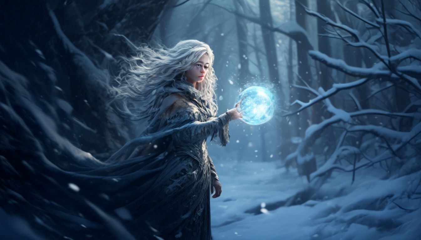 A mystical young woman with silver hair and glowing blue eyes stands amidst an ancient, snow-laden forest, her tattered cloak billowing in the icy wind as she gazes at a floating orb of ethereal li...