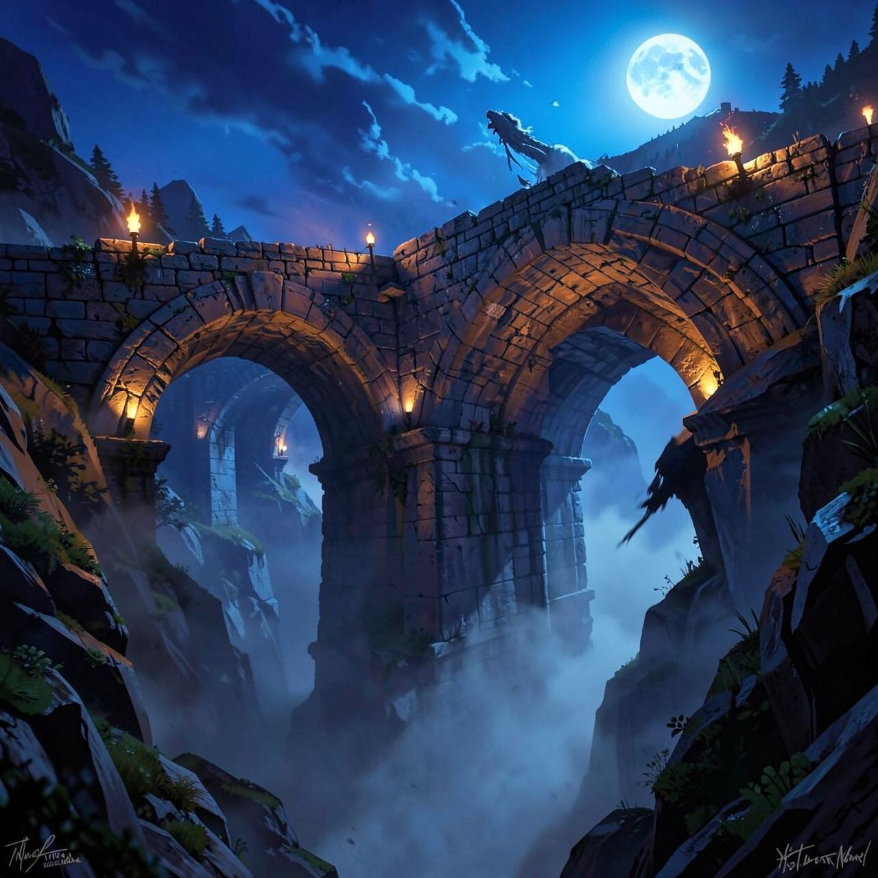 A towering stone bridge spans a misty ravine under a moonlit sky, its ancient arches glowing with flickering torchlight, casting long shadows on the weathered stone. The distant sound of howling wi...