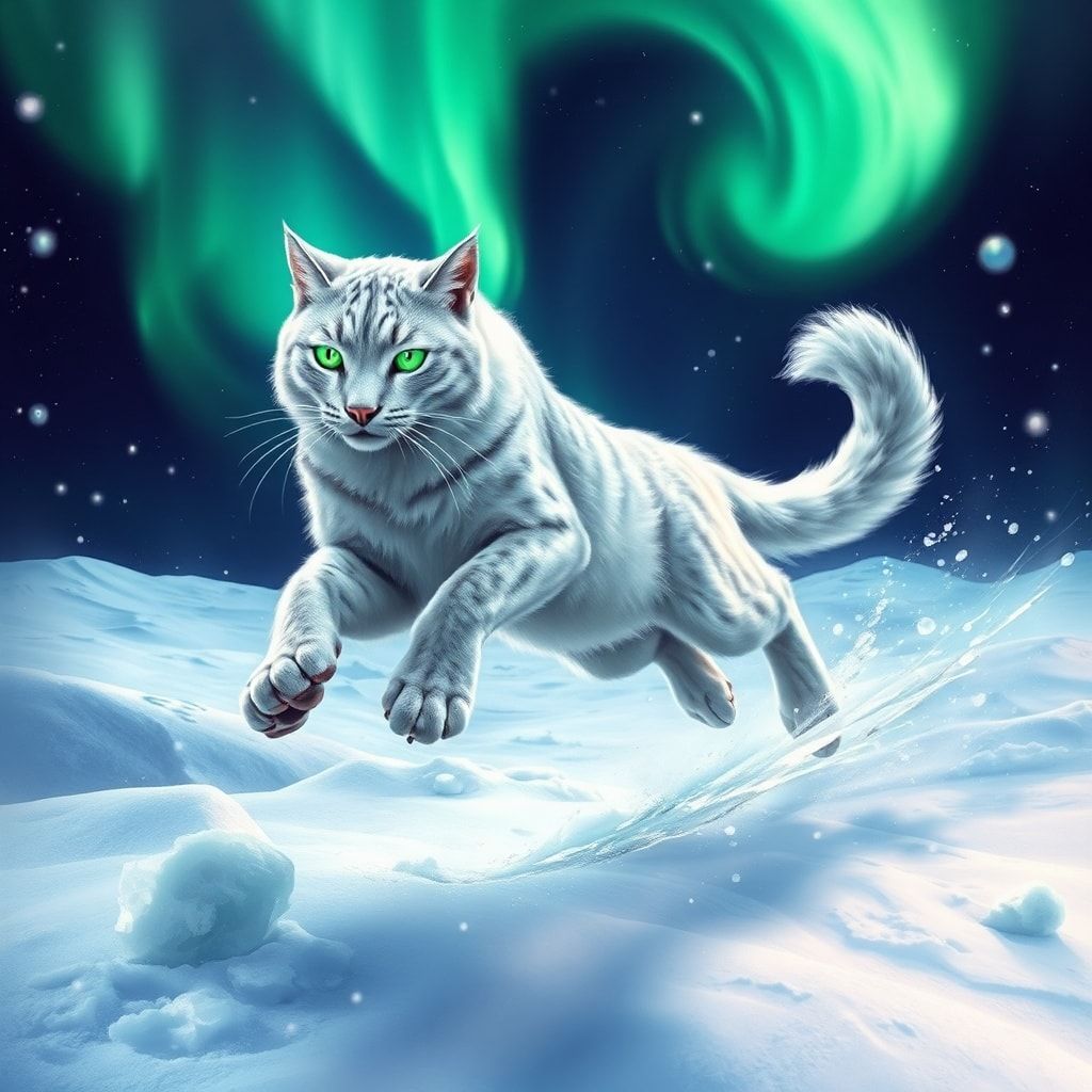 A majestic silver-furred feline with glowing emerald eyes leaps gracefully through a swirling aurora borealis, its tail trailing like a comet, surrounded by floating ice crystals and shimmering snow