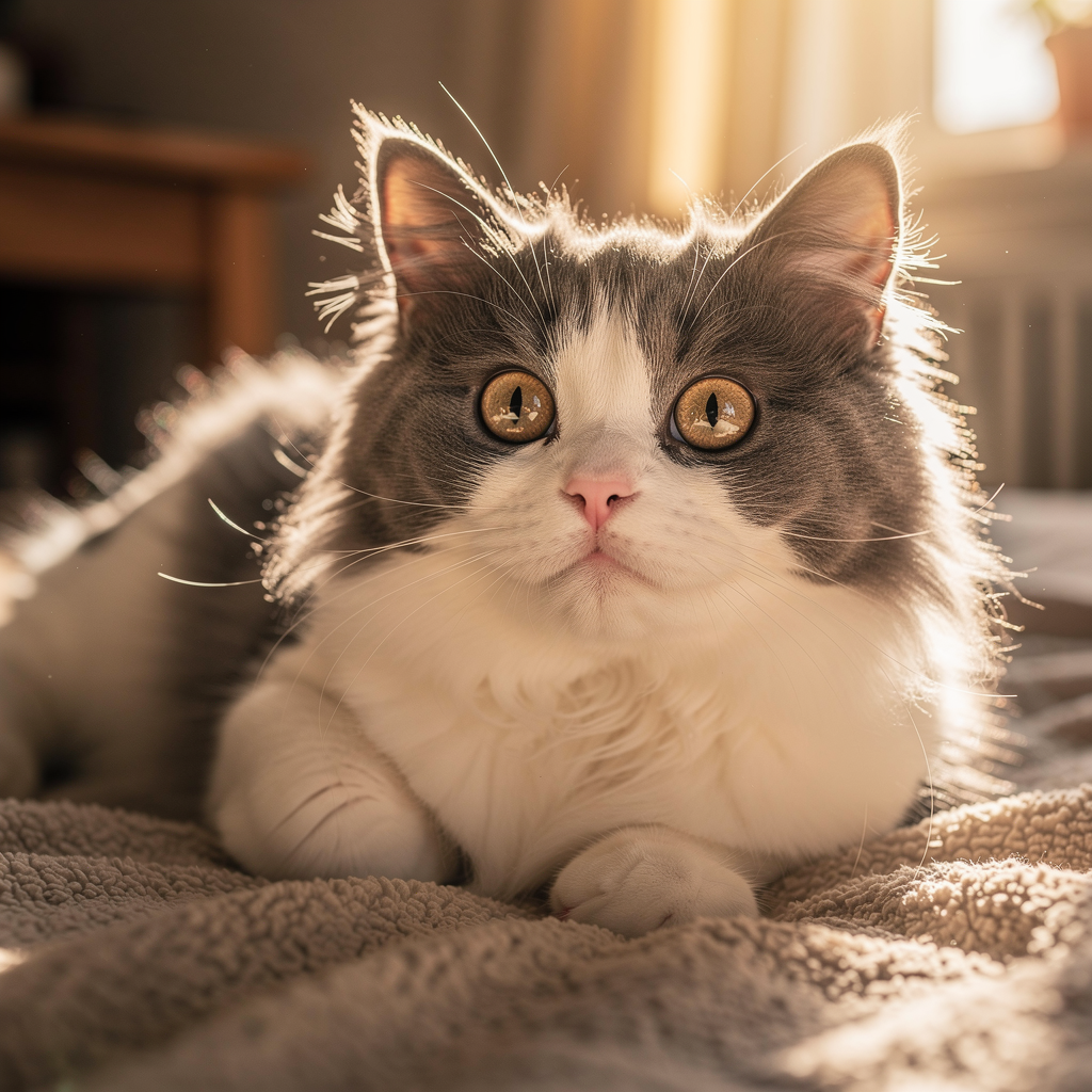 A cute cat lying on a soft blanket, looking at the camera with big, curious eyes. The cat has a fluffy gray and white coat. The background is a cozy, warm room with sunlight streaming in.
