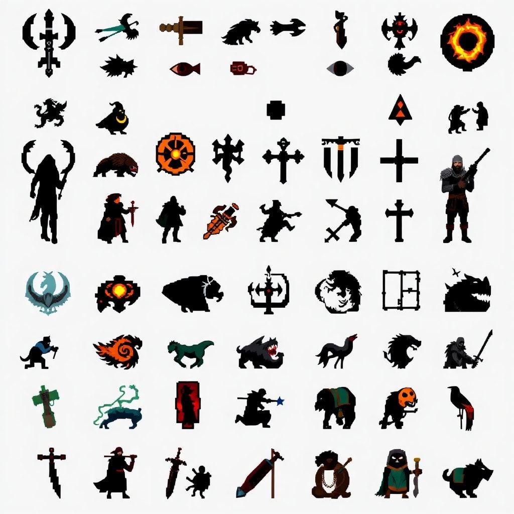 pixel art fantasy RPG UI icons pack, 16x16 pixels each, nordic medieval style, inspired by skyrim UI, dark outline, limited color palette, clean readable silhouettes, transparent background, retro pixel style, game ready icons, consistent lighting, grid aligned