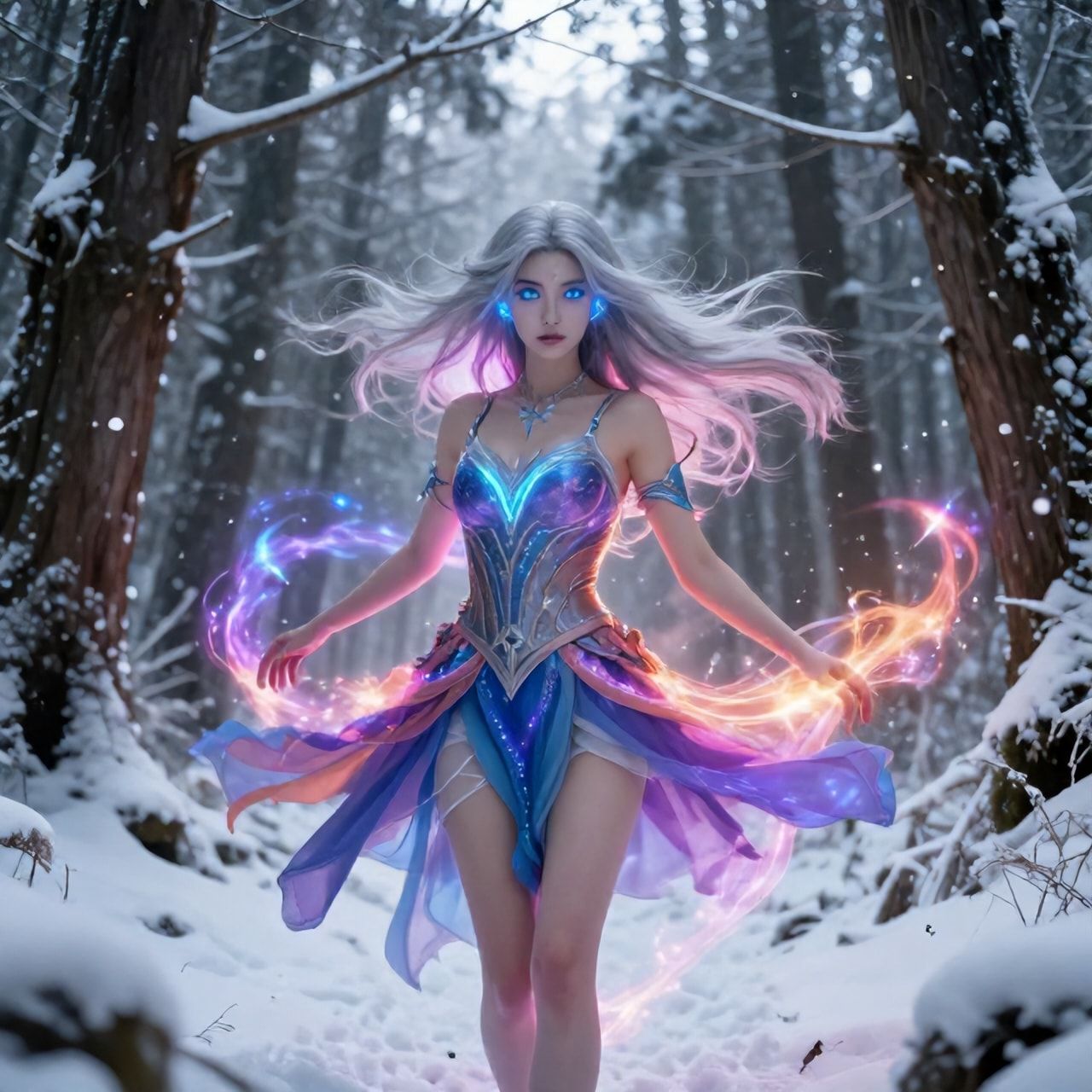 mystical young woman with silver hair and glowing blue eyes stands amidst an ancient, snow-laden forest, magical aura