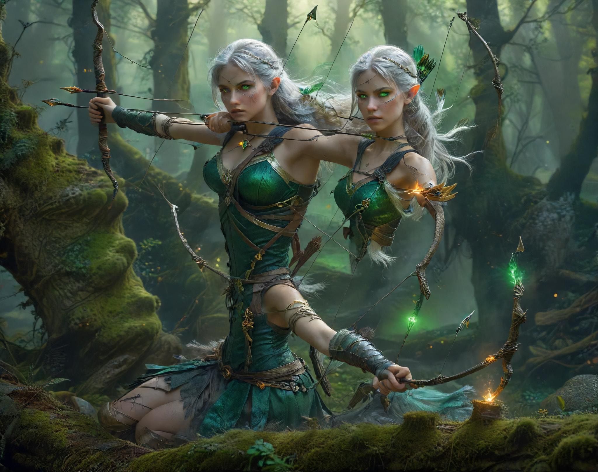 A lithe, silver-haired archer with emerald eyes draws her enchanted bow, arrow glowing with arcane energy, perched on a moss-covered ruin in an ancient forest. Mist swirls around her ankles as gold...