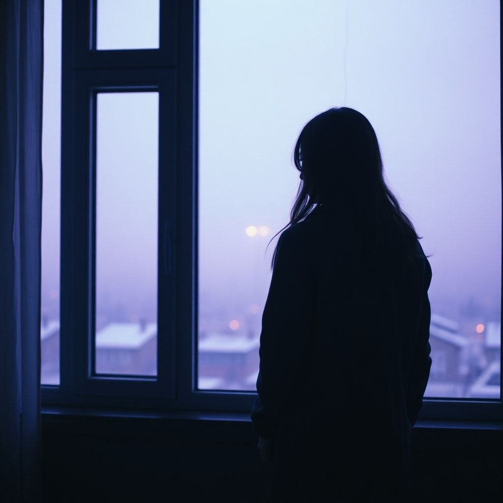 A girl stands inside a quiet room, facing away, looking out through a window. Outside, a foggy February winter unfolds — light snowfall drifts slowly through the air, and the sky glows with soft violet and muted purple tones. The city beyond the glass feels distant and blurred by mist. Cold winter light enters the room gently, casting subtle shadows. The atmosphere is calm, introspective, and emotional, capturing a moment of stillness and inner change. Cinematic composition, soft diffused lighting, shallow depth of field, cool color palette with violet accents, misty winter mood, realistic textures, gentle film grain, intimate and poetic atmosphere, like a scene from a quiet winter film.