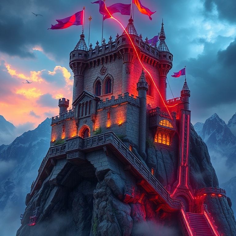 A towering medieval castle perched on a jagged mountain peak, its ancient stone walls fused with neon-lit cybernetic scaffolding, glowing holographic banners fluttering in the stormy wind. Below, a...