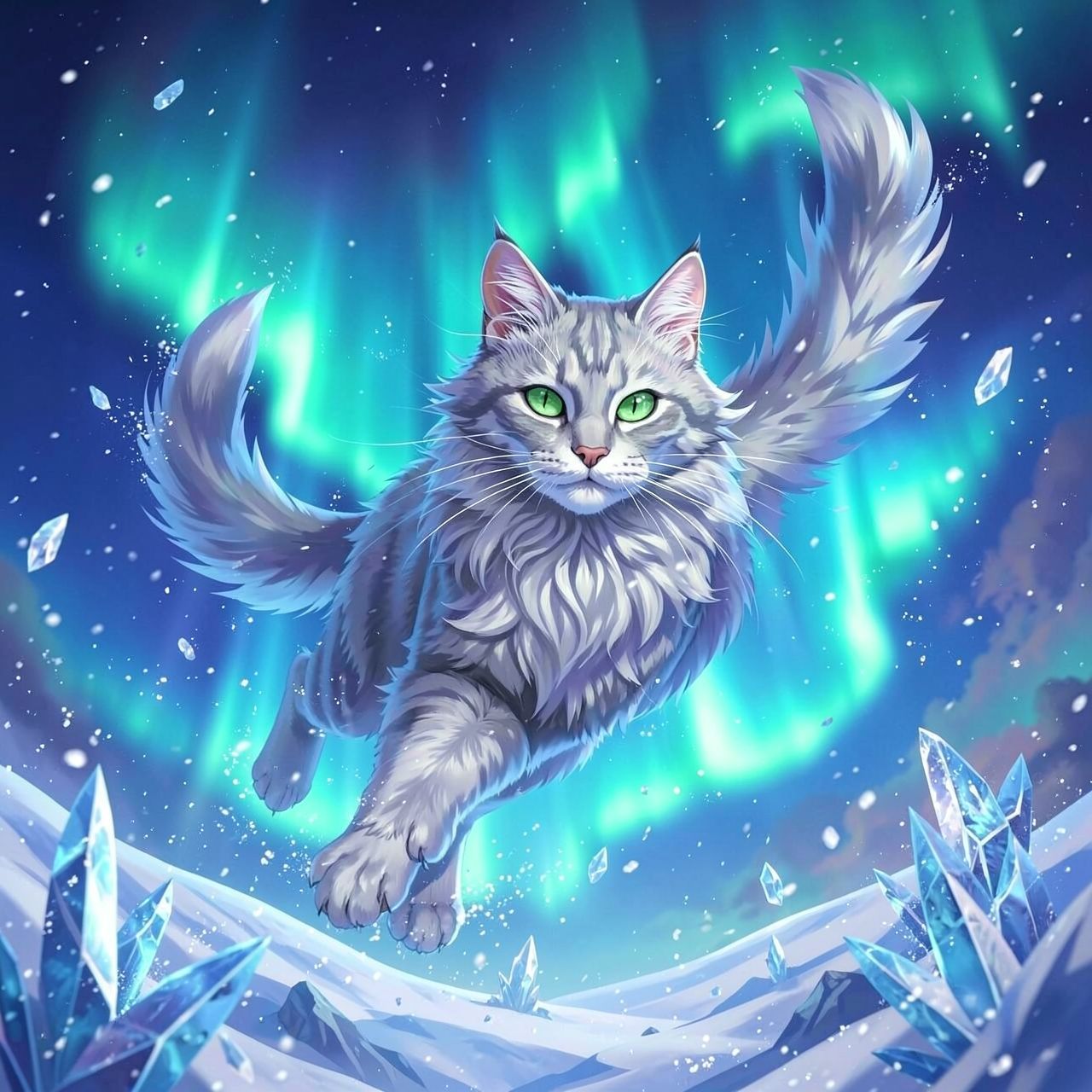 A majestic silver-furred feline with glowing emerald eyes leaps gracefully through a swirling aurora borealis, its tail trailing like a comet, surrounded by floating ice crystals and shimmering snow