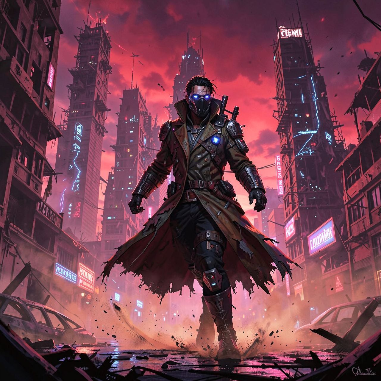A lone cyberpunk wanderer in a tattered, high-tech coat strides through a neon-drenched apocalypse, their boots kicking up dust as skeletal skyscrapers hum with eerie electric life beneath a crimso...