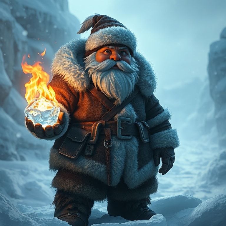 A winter dwarf, robust and standing tall, with a warm, glowing ice flame in one hand. The dwarf wears thick, fur-lined winter clothing suitable for extreme cold. The scene is set in a snowy, icy landscape with a magical, cold atmosphere. Photorealistic style, high detail, dramatic lighting with a warm glow from the ice flame contrasting with the cold surroundings.