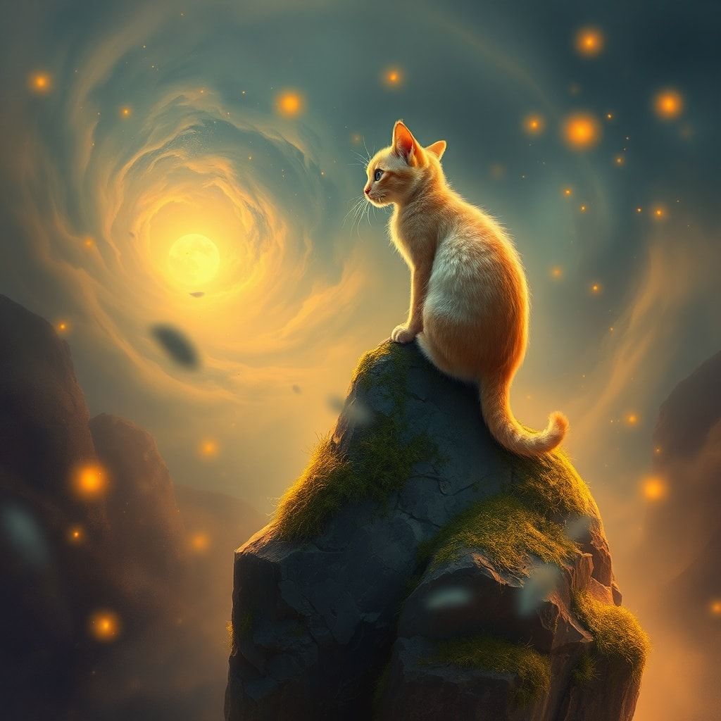 A delicate feline with iridescent fur perches atop an ancient, moss-covered stone, gazing into a swirling mist where fireflies dance like scattered stars. The scene is bathed in ethereal golden twi...