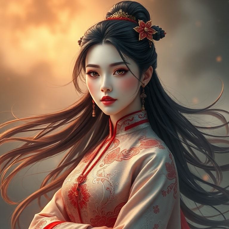 A fantasy Chinese girl in a dramatic drama style, wearing elegant traditional Chinese-inspired attire with flowing hair, mystical background with soft lighting and warm tones, ethereal and elegant atmosphere, high detail, photorealistic style