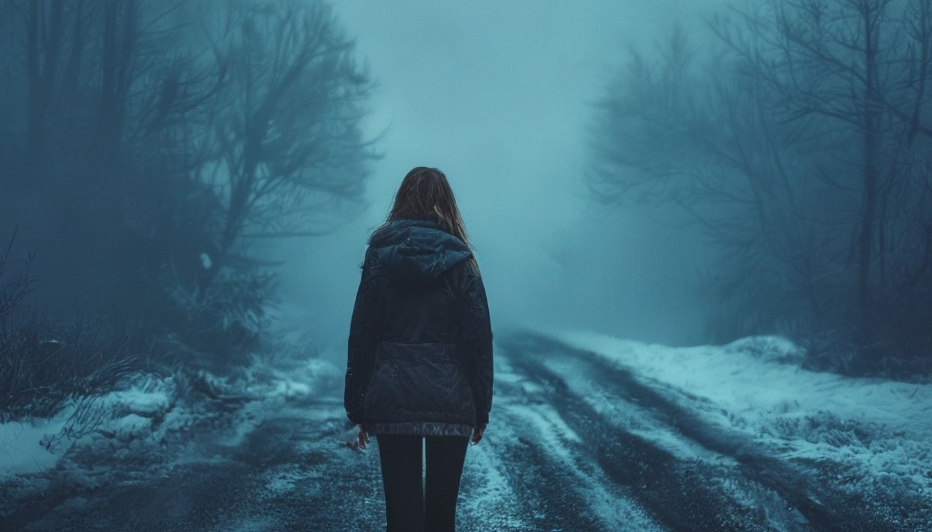 A girl with her back turned stands in a jacket on a winter road, an atmosphere of melancholy, loneliness and blue fog everywhere, as in dark ambient