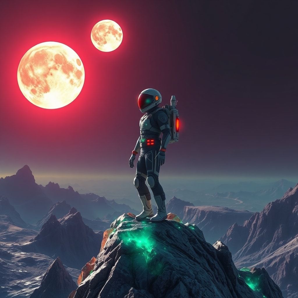 A lone space explorer in a high-tech exosuit stands atop a jagged crystalline ridge on an alien planet, bathed in the eerie glow of twin bioluminescent moons, their helmet visor reflecting the swir...