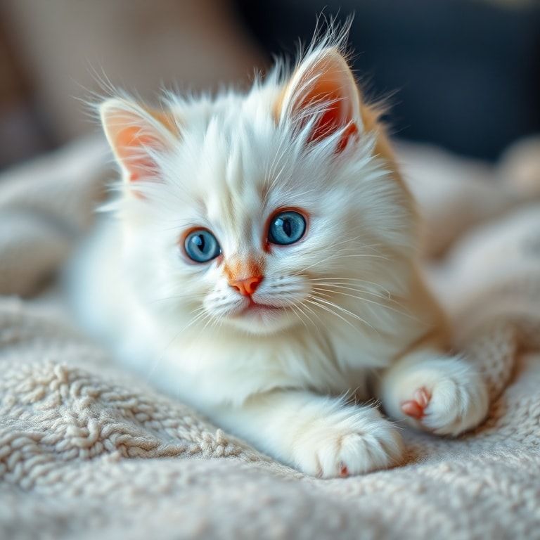 A cute fluffy white cat with bright blue eyes, lying on a soft blanket. The cat is looking at the camera with a curious expression. Highly detailed photorealistic style, warm lighting, 1024x1024 pixels.