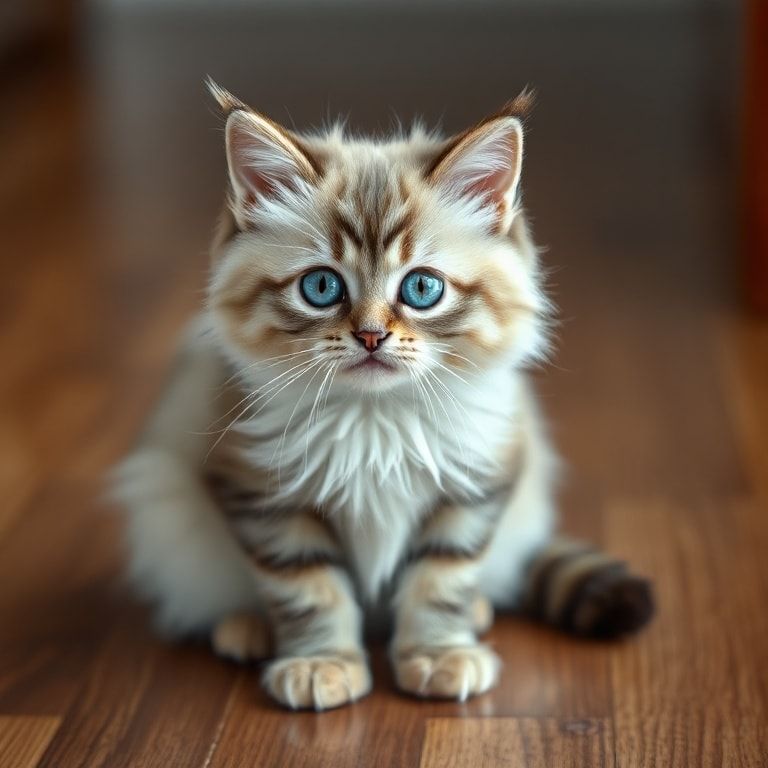 A cute and fluffy cat with bright blue eyes, sitting on a wooden floor, looking at the camera, realistic photorealistic style, high quality, 1024x1024 pixels