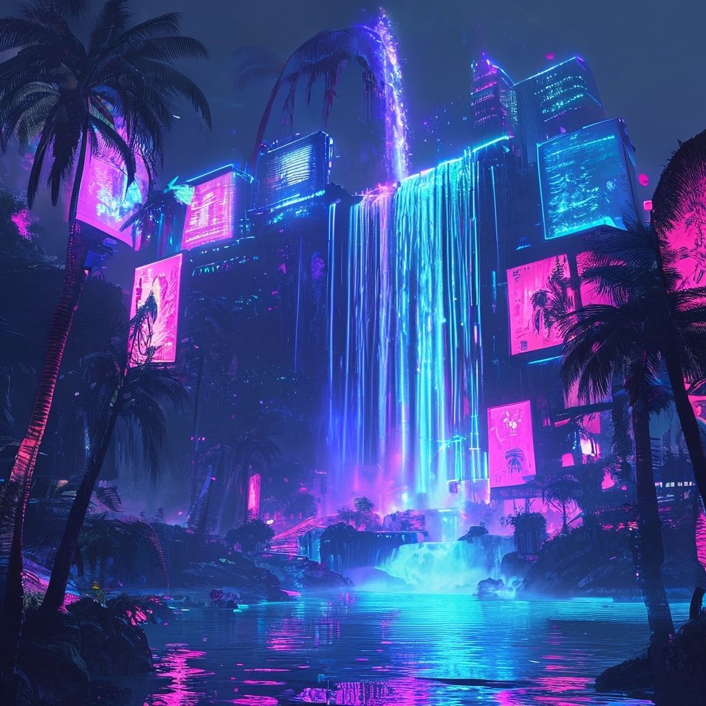 A towering neon-lit waterfall cascades into a bioluminescent lagoon, its mist glowing under the flicker of holographic billboards. Cybernetic palm trees sway in the artificial breeze, their fronds ...