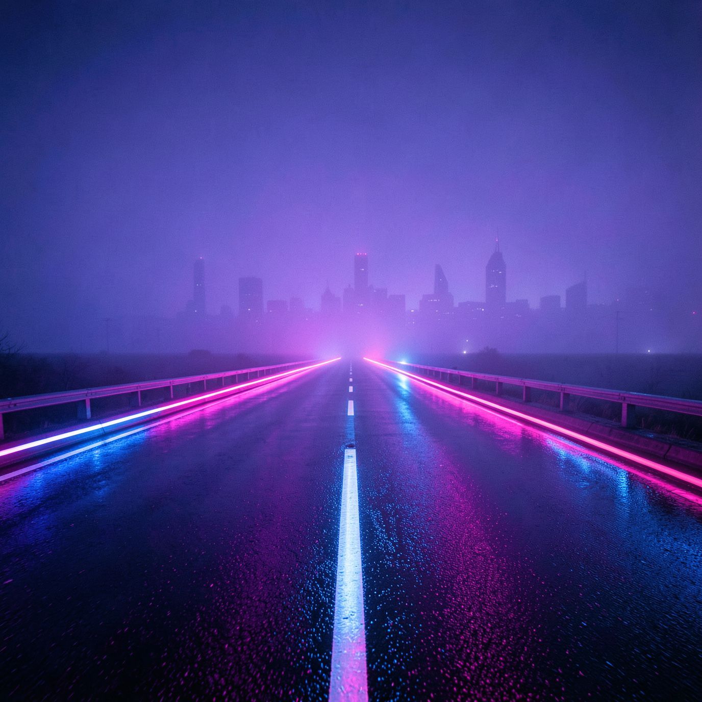 A cinematic synthwave scene at night: a long, empty futuristic road dominates the foreground, glowing with neon pink and electric blue light. Wet asphalt reflects the neon glow, creating strong symmetrical reflections and a sense of motion and depth. In the far distance, a futuristic city skyline is barely visible through thick violet-blue fog, reduced to soft silhouettes with no visible details. The focus is entirely on the road and atmosphere, not the buildings. The mood is lonely, epic, and retro-futuristic, inspired by synthwave aesthetics. 80s cyberpunk mood, neon haze, minimal city presence, wide-angle perspective, cinematic lighting, retro-futurism, ultra-detailed, high contrast, album cover, 4K, no text, no signs, no billboards, no letters, no symbols, no logos.
