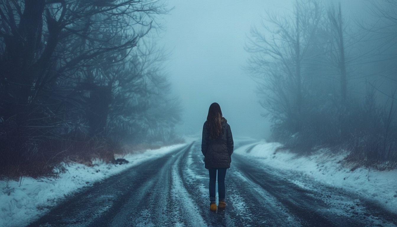 A girl with her back turned stands in a jacket on a winter road, an atmosphere of melancholy, loneliness and blue fog everywhere, as in dark ambient
