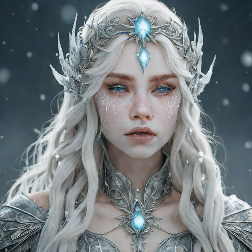 ethereal frozen oracle girl, pale icy skin, white-silver hair, luminous moon sigil, frost particles, cosmic silence, cinematic ultra-detailed