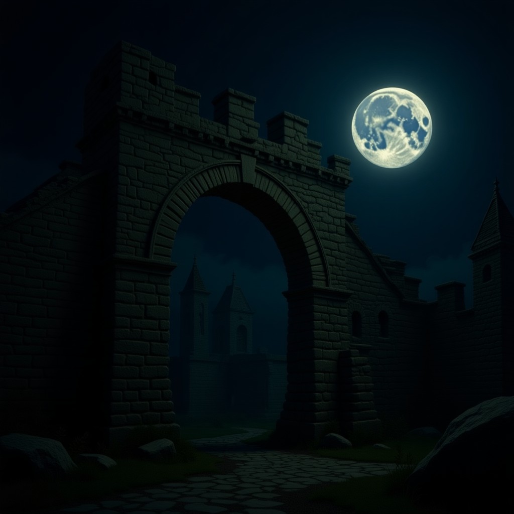 A towering, crumbling stone archway in a moonlit abandoned castle