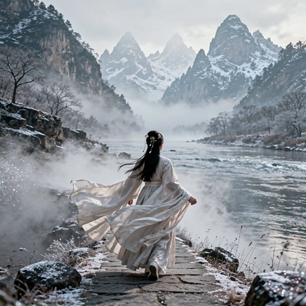 A girl wearing traditional Chinese clothing stands on a narrow path in a mist-covered valley, facing away and looking into the distance. Thick fog drifts softly around her, partially hiding the landscape. In the far distance, majestic mountains rise through the mist, cold and silent. The atmosphere feels frosty, calm, and poetic, as if captured in a cinematic fantasy film. Soft winter light, pale blue and gray tones, subtle frost in the air, flowing fabric gently moved by the cold wind. Cinematic composition, wide-angle shot, misty environment, soft diffused lighting, realistic textures, gentle film grain, serene and emotional mood, like a scene from an epic historical fantasy movie.