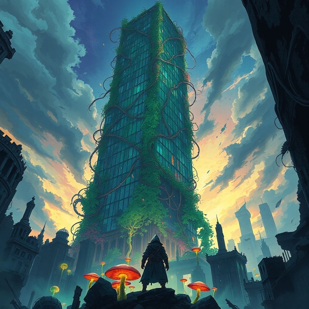 A towering, vine-choked skyscraper looms over a fractured metropolis, its glass panes shattered like dragon scales, while bioluminescent fungi pulse in the ruins below. A lone, hooded figure stands...