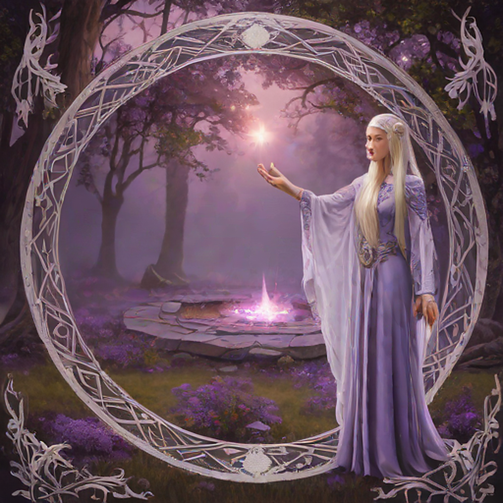 Elven magic circle ritual fantasy scene, beautiful elven maiden with long flowing silver hair standing inside a glowing magical circle, elegant elven woman in a flowing violet and silver dress with a serene expression, ancient runes and symbols forming a luminous circle on the ground, protective ward rising like a dome of light, other elven figures joining hands at the circle edge, sacred grove at night, soft moonlight and mystical particles, cinematic composition, cartoon style, anime art style, fantasy art style, mystical and protective mood, detailed and atmospheric, ethereal beauty, animated style, vibrant colors, cartoon style