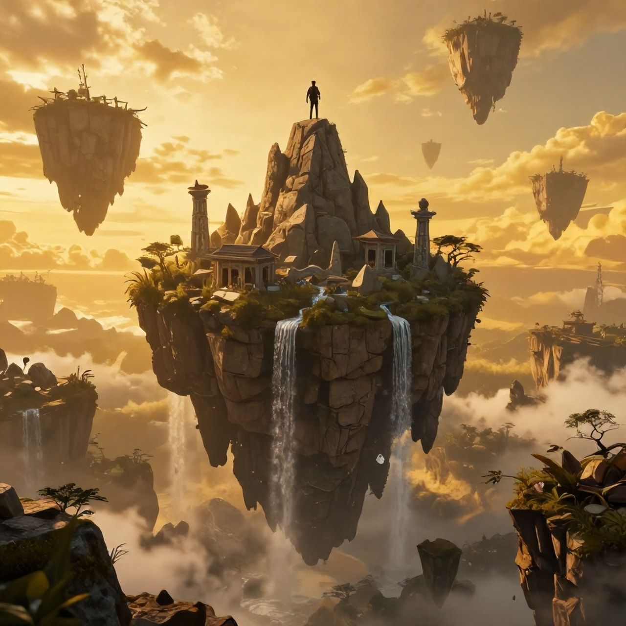A vast expanse of floating islands drifts through a golden twilight sky, their jagged cliffs adorned with ancient ruins and cascading waterfalls. A lone adventurer stands atop the highest peak, sil...