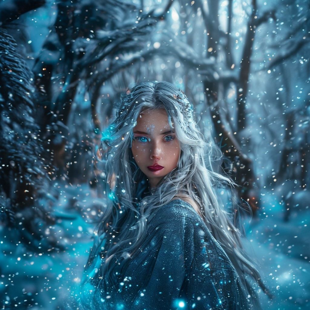 mystical young woman with silver hair and glowing blue eyes stands amidst an ancient, snow-laden forest, magical aura