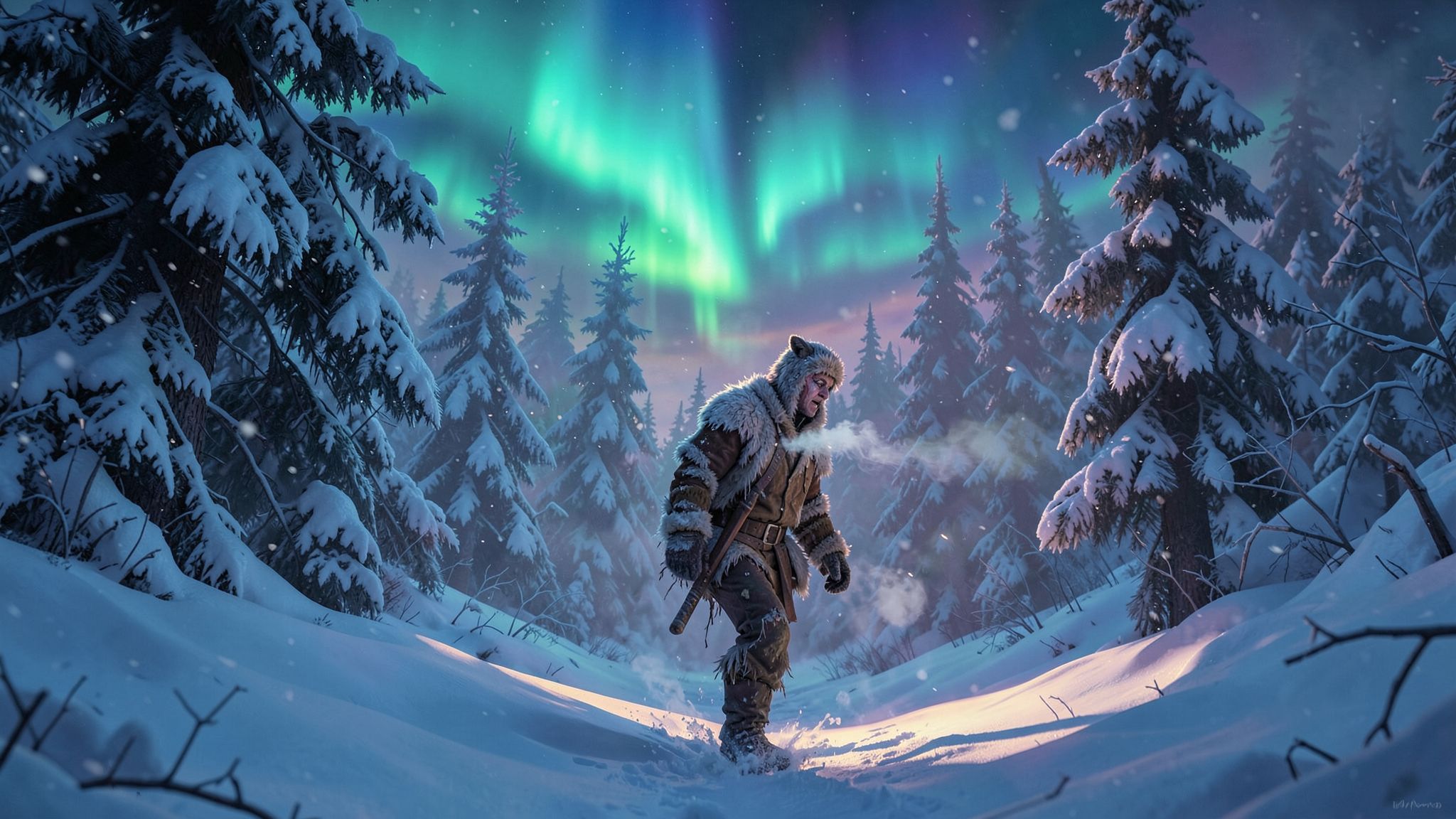 A lone frostbitten traveler in tattered furs trudges through a snow-laden forest at dusk, their breath visible in the crisp air, as ethereal auroras dance above towering ice-covered pines, casting ...
