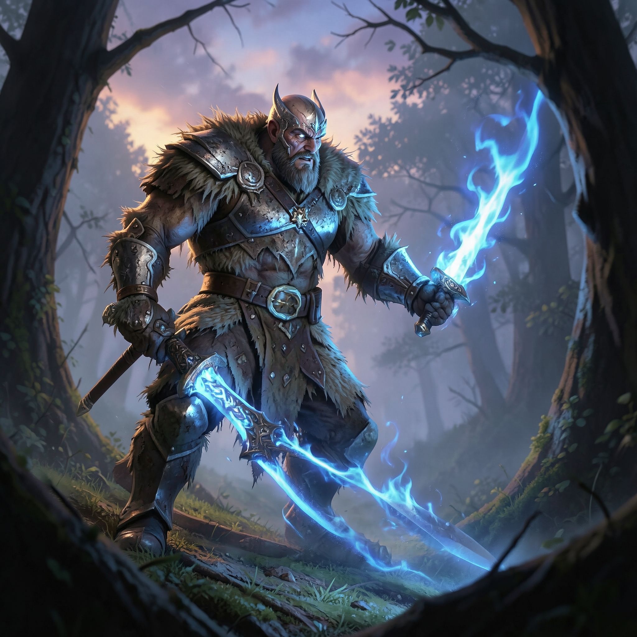 A battle-worn fantasy warrior, clad in tattered fur and enchanted steel, stands amidst a mist-shrouded forest at dusk, his sword glowing with ethereal blue flames as he faces an unseen foe, surroun...