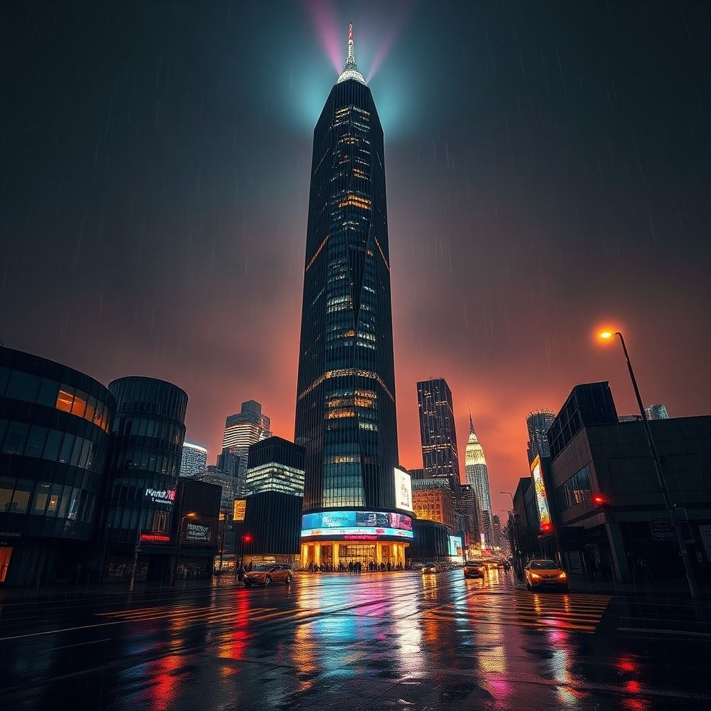 A towering skyscraper looms over a rain-slicked city at golden hour, its neon-lit windows casting jagged reflections on wet pavement, bathed in high-contrast noir lighting with deep shadows and a s...