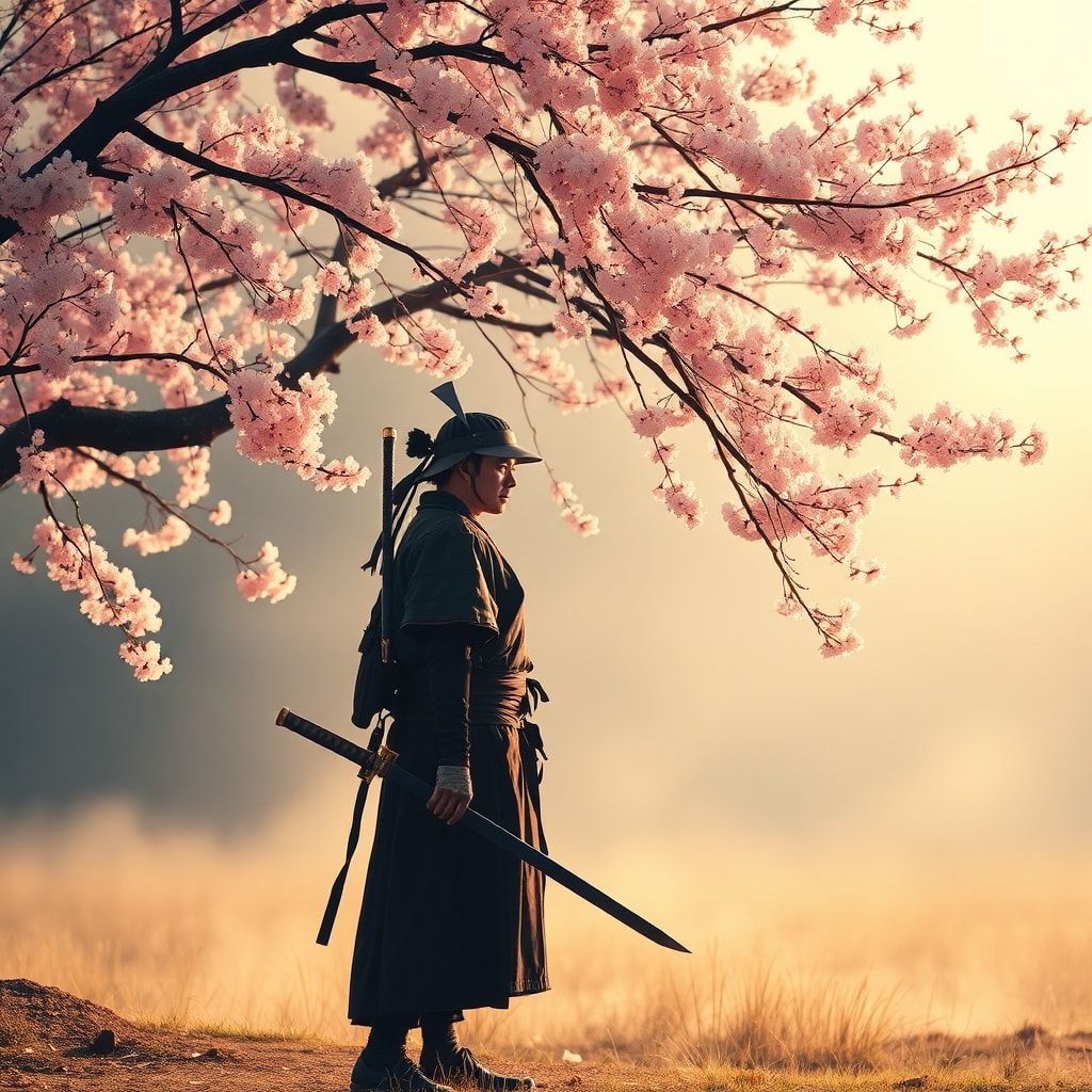 A lone samurai stands beneath a canopy of delicate pink cherry blossoms, his katana resting at his side, bathed in the soft golden light of early morning, surrounded by a gentle breeze that stirs t...
