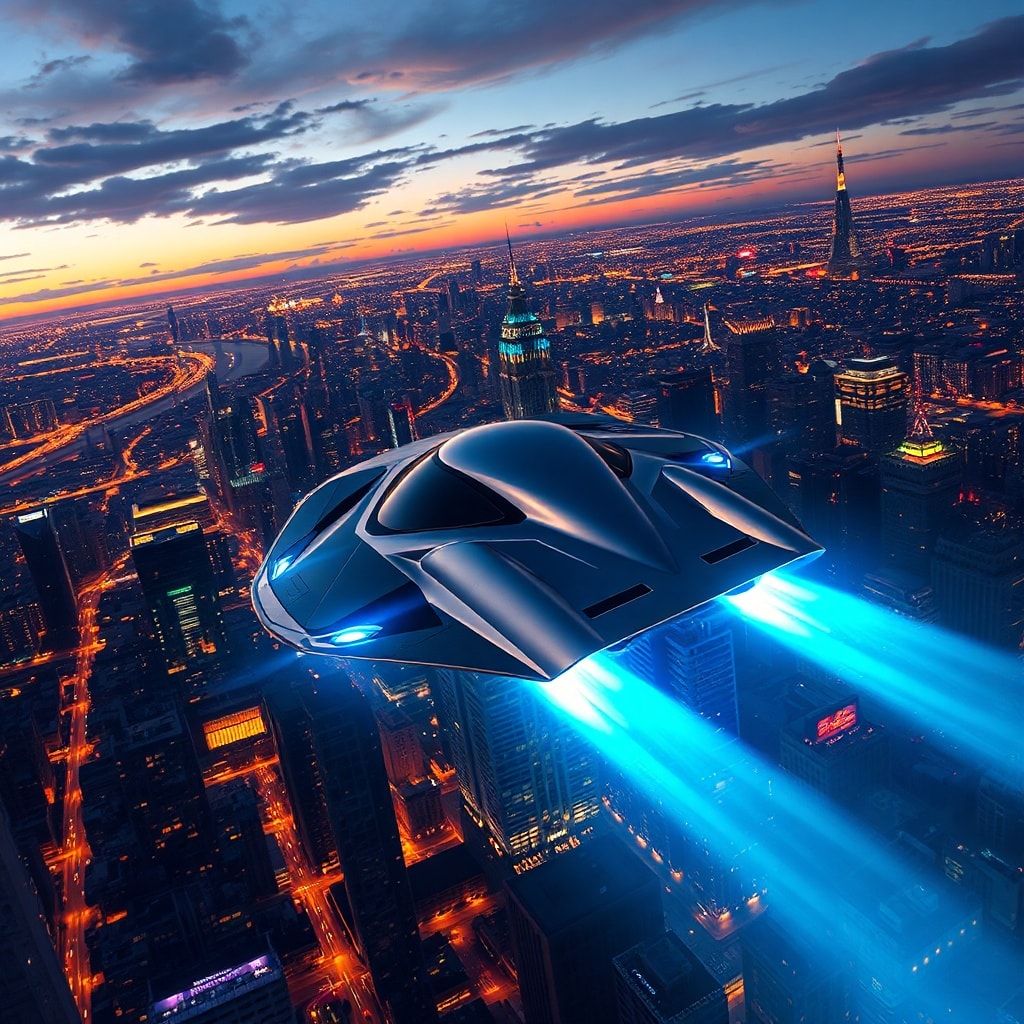 A sleek, silver flying car with glowing blue underlights hovers above a sprawling neon-lit metropolis at dusk, its wings casting dramatic shadows over towering skyscrapers. The city pulses with hol...
