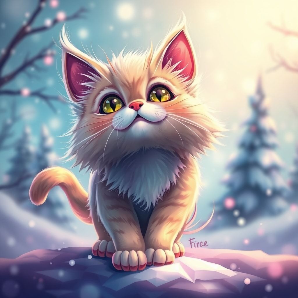fantasy kitty with magical winter background