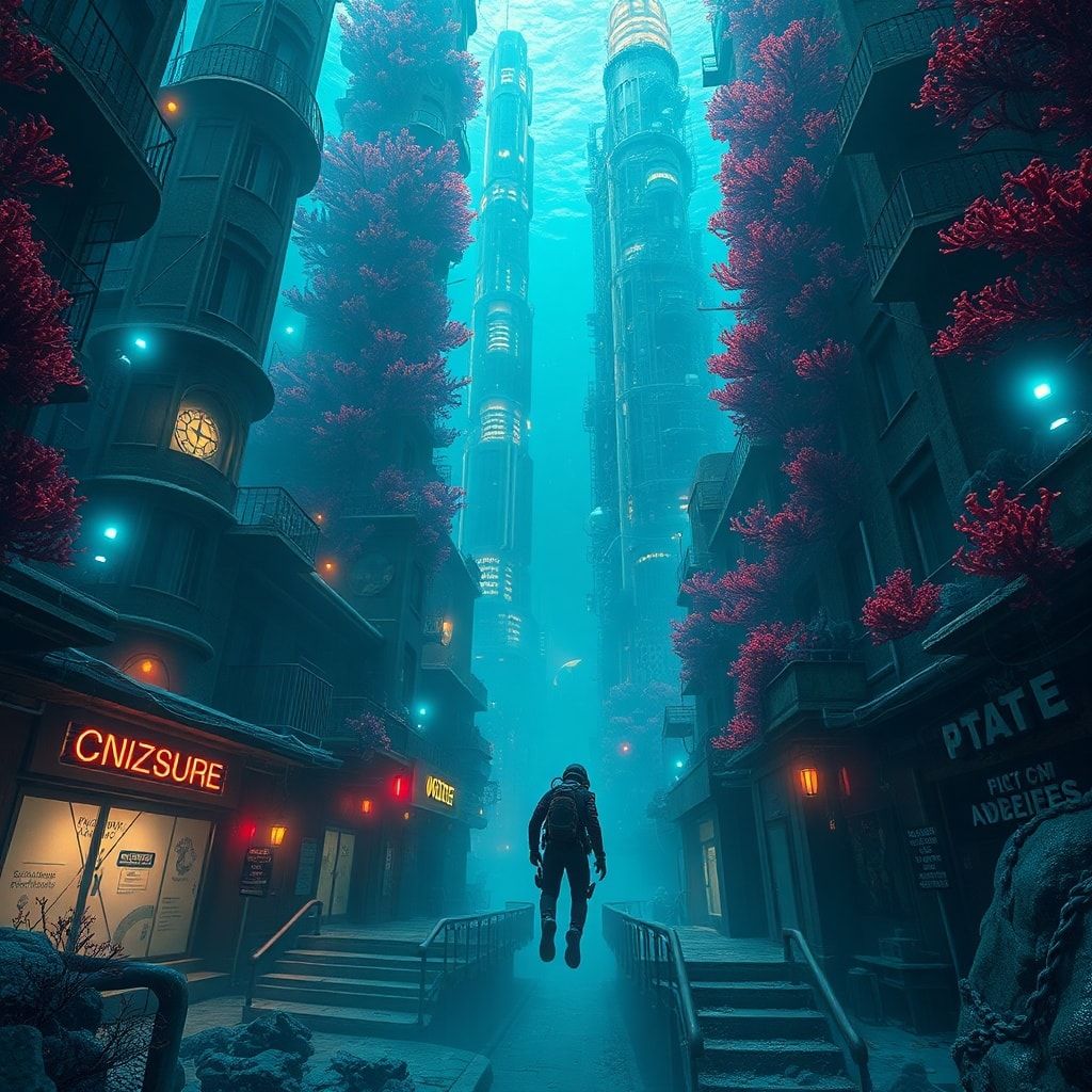 A lone deep-sea explorer in a high-tech diving suit navigates through the labyrinthine streets of an abandoned underwater metropolis, where towering coral skyscrapers pulse with an eerie biolumines...
