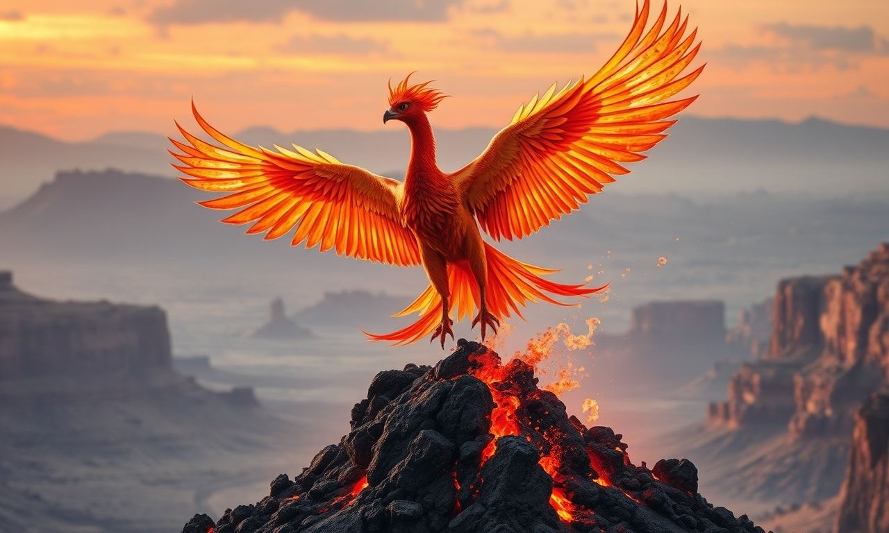 A majestic phoenix, its iridescent plumage shimmering in golden and crimson flames, ascends gracefully from a smoldering ash mound in a vast, windswept canyon at dusk, its wings casting dramatic si...