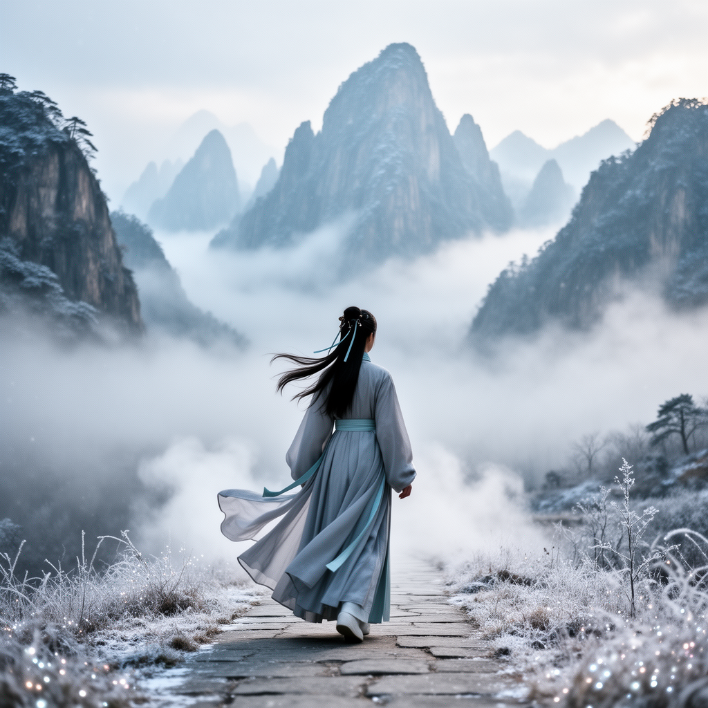 A girl wearing traditional Chinese clothing stands on a narrow path in a mist-covered valley, facing away and looking into the distance. Thick fog drifts softly around her, partially hiding the landscape. In the far distance, majestic mountains rise through the mist, cold and silent. The atmosphere feels frosty, calm, and poetic, as if captured in a cinematic fantasy film. Soft winter light, pale blue and gray tones, subtle frost in the air, flowing fabric gently moved by the cold wind. Cinematic composition, wide-angle shot, misty environment, soft diffused lighting, realistic textures, gentle film grain, serene and emotional mood, like a scene from an epic historical fantasy movie.